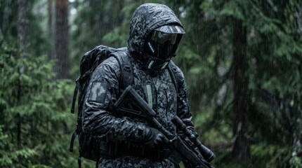 Futuristic soldier dressed in advanced tactical camouflage, carrying a rifle and backpack, while navigating a wet forest environment during a rainy mission
