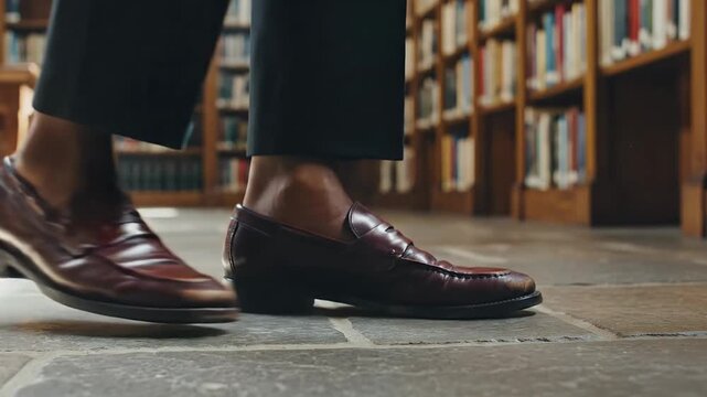 Stylish man in dark trousers and classic brown leather loafers walks through a grand library with towering bookshelves creating an atmosphere of sophistication and knowledge