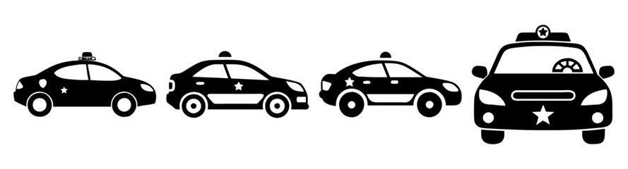 Obraz premium Police car vector icon set, black silhouette law enforcement vehicles, flat design traffic patrol icons, minimalist security transportation graphics