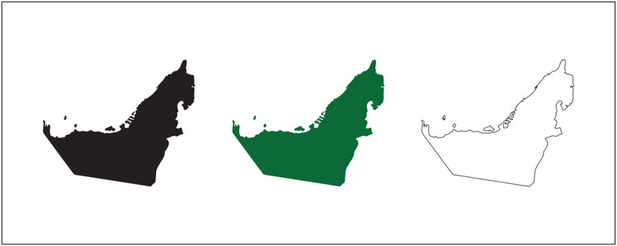 United Arab Emirates Map Silhouette Solid Black Outline and Satellite Style Vector Isolated on White Background