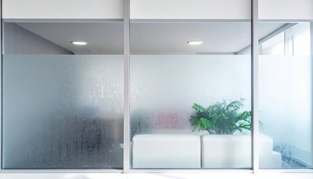 Modern office hallway with glass walls and frosted privacy screens