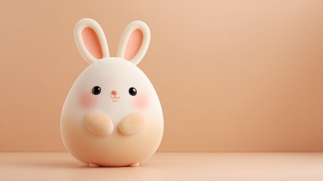 Cute 3D cartoon baby bunny in the shape of an egg in soft peach and cream pastel colors with empty beige background. Ideal for Easter promotions, children branding,  and greeting cards.