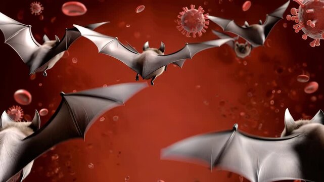Bats and virus cells. zoonotic disease transmission, viral infection