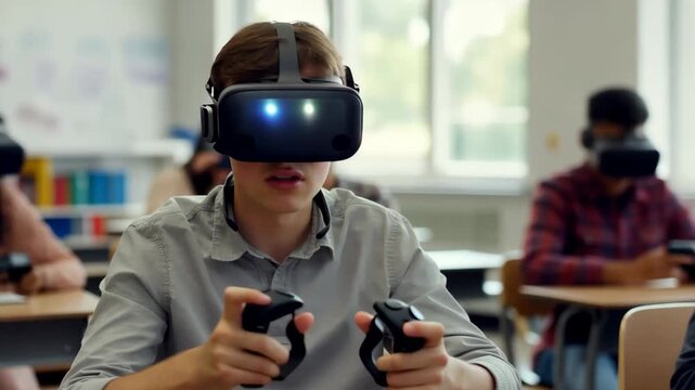 High school students use VR headsets in classroom for interactive learning activities during technology lesson