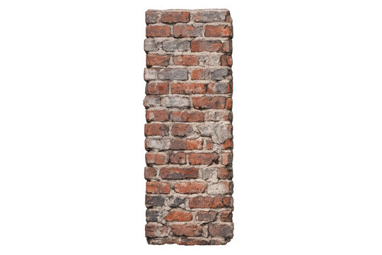 Old weathered red brick column with rough texture and visible mortar on transparent background