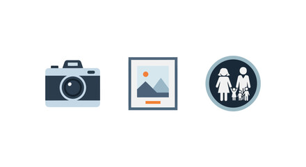 Camera photo frame family icons on white background