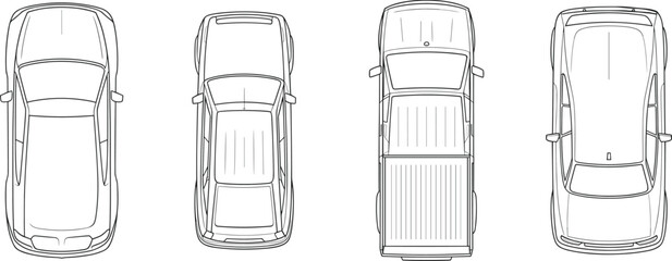 Top view car and pickup truck outline set, four vehicle blueprint style icons, black line art automotive silhouettes isolated on white background. © MdSakila