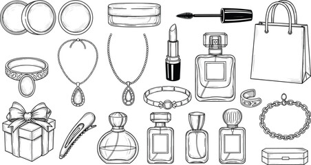 Hand drawn sketch of beauty accessories including perfume bottles, jewelry, lipstick, mascara, gift box, and shopping bag isolated on white background © MdAbdur