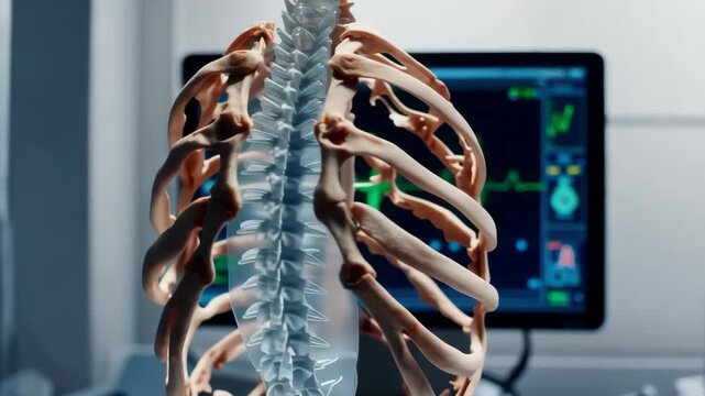 Heartbeat monitor displays activity next to rib cage model in medical environment with focus on transparent spine