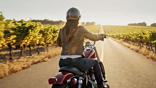 Stylish woman riding a vintage motorcycle through a vineyard landscape at golden hour conveying freedom adventure and a sense of luxury travel