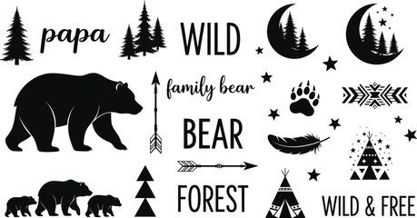 Large collection of wild forest silhouette icons featuring grizzly bears, pine trees, crescent moons, arrows, feathers, teepees, and tribal adventure typography © MdAbdur