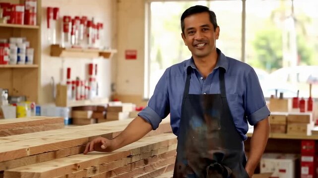 Smiling Hispanic small business owner in hardware store shows pride and confidence while leading his team and serving the local community