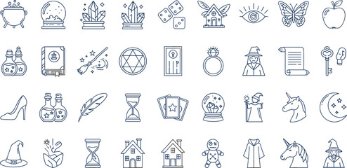 Large collection of magic and fantasy line art icons including crystal balls, potion bottles, wands, witches, spell books, unicorns, and mystical symbols © MdAbdur