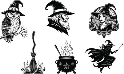 Set of black magical fantasy silhouettes featuring a wizard, a witch, an owl wearing a hat, a cauldron, and a magic broom. © MdAbdur