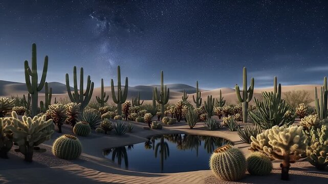 Serene desert landscape at night with cacti and a reflective pond under a starry sky