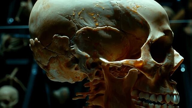 Anatomical skull model with realistic texture and detail, showcased in a laboratory setting