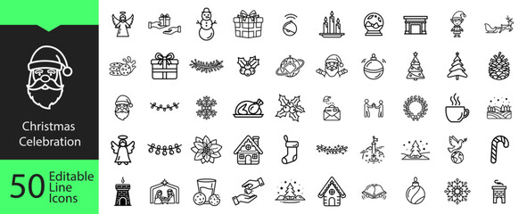 Fototapeta premium 50 Christmas Holiday Celebration Editable Line Icons Set