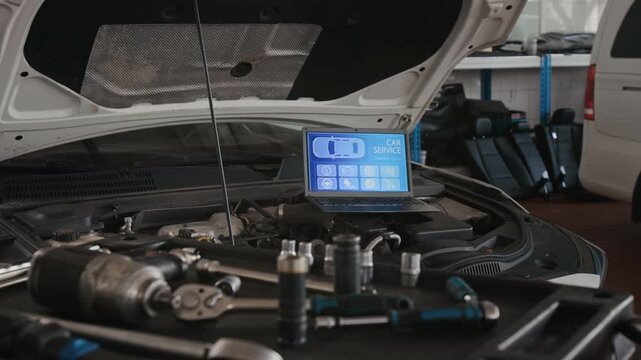 No people arc shot of wrench on top of tool cart and laptop with engine efficiency diagnostics program, car with raised hood in background, during routine maintenance procedure on workshop