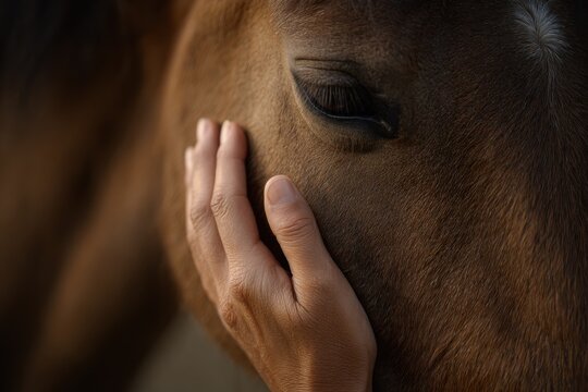 Woman hand caressing horse face. Closeup of human comfort animal. Empathy support in animal therapy concept.