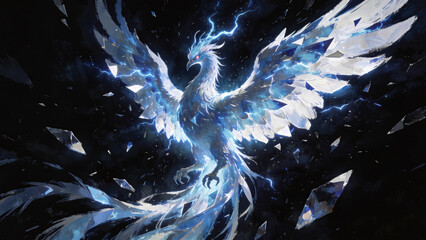 Obraz premium Dynamic digital painting depicting majestic phoenix rising from darkness with wings composed of electric blue and white energy fragments. Sharp jagged shards and expressive brushstrokes create high co