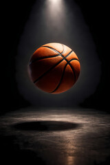 Fototapeta premium Stunning studio shot of a professional basketball suspended in mid-air under a single dramatic spotlight. Perfect shadow cast on the textured concrete floor below creates depth and dimension.