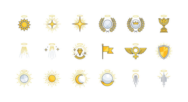 Golden Awards & Trophies Icons with Halos: Victory, Success, Divinity Symbols
