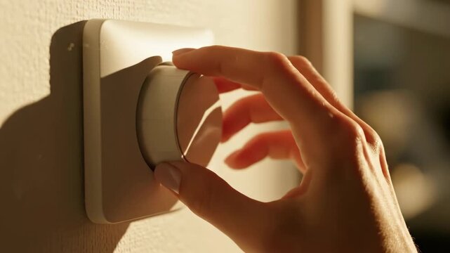 Hand of a woman adjusting a modern light dimmer switch on a wall, showcasing the gradual change in lighting intensity in a cozy indoor setting