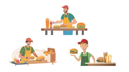 Fototapeta premium Fast food worker delivering order to table, smiling young server carrying tray with burgers and drinks to customers in casual restaurant, modern service and hospitality concept for dining 