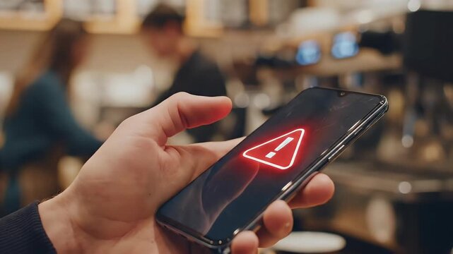 Urgent warning notification displayed on a smartphone screen held by a person in a blurred coffee shop setting conveying risk alert and digital communication concerns