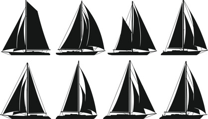 Sailboat silhouette collection featuring classic sailing yachts with sails raised, black nautical vector set isolated on white background for marine design © Jakir