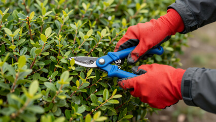 Obraz premium Gardener In Red Gloves Pruning Shrubs With Blue Pruning Shears In Garden