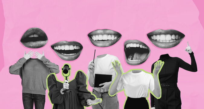 Surreal collage of faceless people with expressive mouths on pin