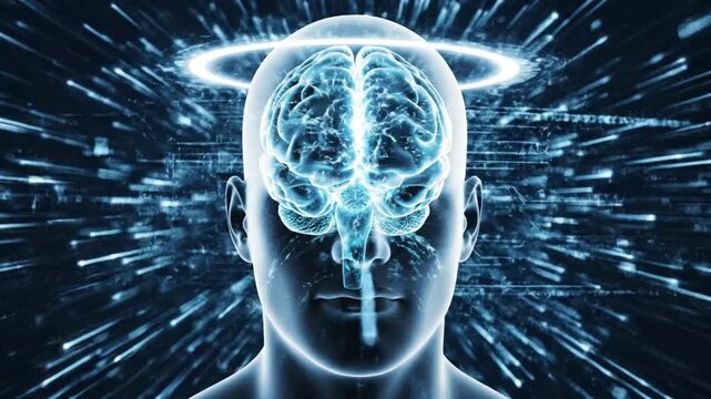 Abstract representation of the human brain with a halo and technological effects, symbolizing intellect and consciousness
