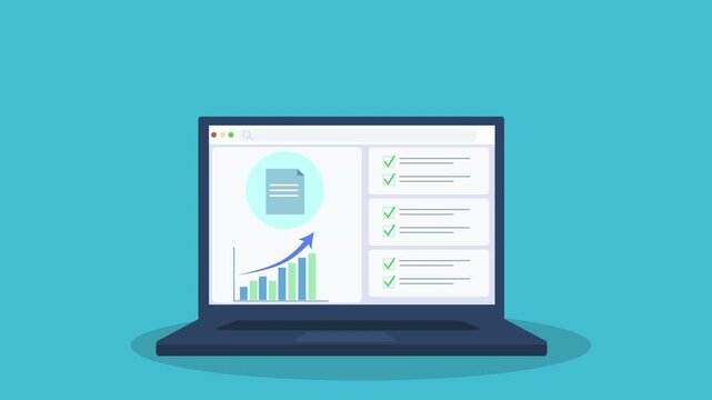 Flat animation of a laptop displaying a cloud dashboard with document icon, charts, and checklist interface, representing data reporting, file management, and digital workflow organization.