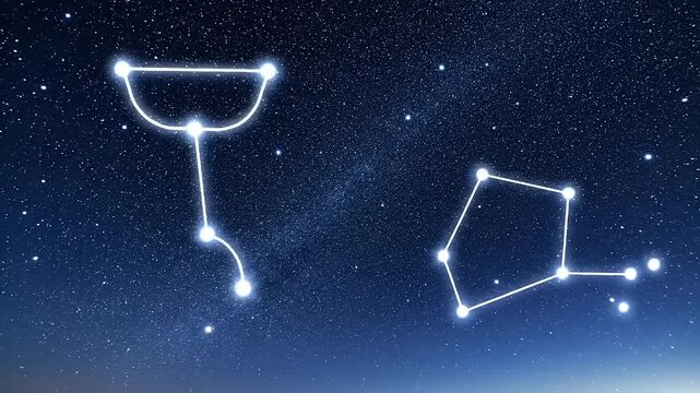 Celestial constellations depicted by glowing lines against a deep blue night sky filled with stars