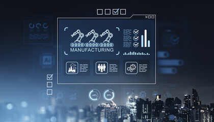 Digital manufacturing technology interface concept with robotic arms and data analytics over modern city background at night for business innovation.
