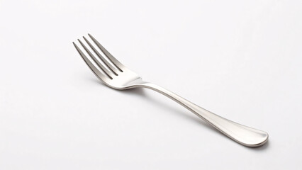 A sleek, highly polished stainless steel fork rests diagonally on a pristine white background, providing a clean and minimalist template for culinary or tableware mockups.