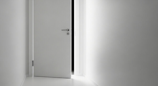 A white door slightly ajar in a white room.