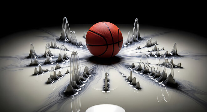 Surreal scientific art photograph featuring a classic orange basketball resting on a surface of ferromagnetic fluid.