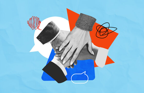 Creative concept of teamwork and collaboration with diverse hands stacked together on colorful geometric background with speech bubbles and scribbles.