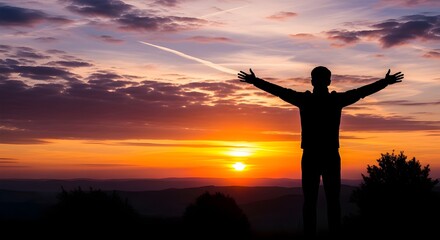 Fototapeta premium Silhouette of Person Facing Sunrise Symbolizing New Beginning and Success