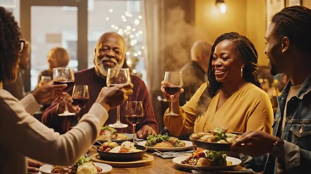 Warm and joyful multigenerational family celebrates a festive holiday dinner with wine glasses raised in a cozy warmly lit dining room setting