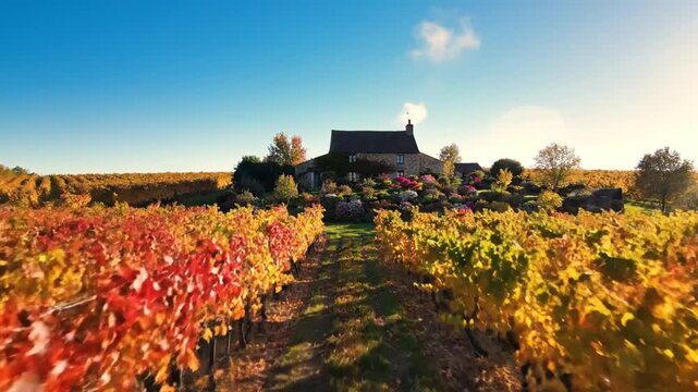Autumn vineyard rows leading to a stone house under blue sky