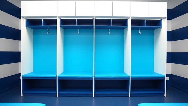 Team changing room with blue and white striped walls and open storage cubbies
