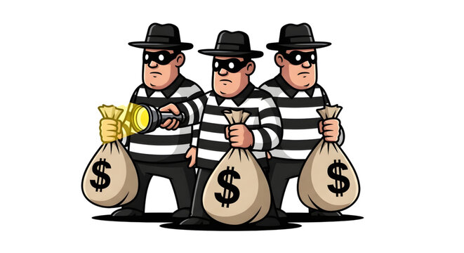 Cartoon Robbers with Money Bags On White