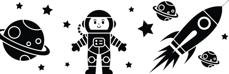 Fototapeta premium Astronaut Rocket and Planets Silhouette on White Background illustration vector