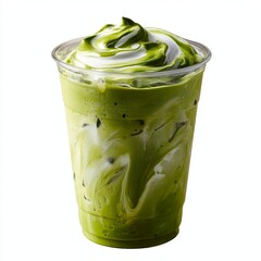 Iced matcha latte with foam art in a clear plastic cup isolated on transparent background
