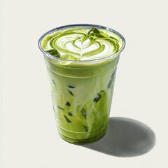 Iced matcha latte with foam art in a clear plastic cup isolated on transparent background