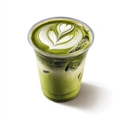 Iced matcha latte with foam art in a clear plastic cup isolated on transparent background