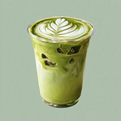 Iced matcha latte with foam art in a clear plastic cup isolated on transparent background